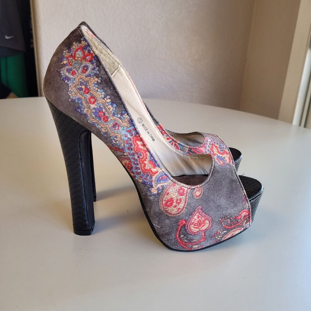 DBDK Fashion Sunda-1 Floral Print Platform Peep Toe Pumps Women's Size 7.5